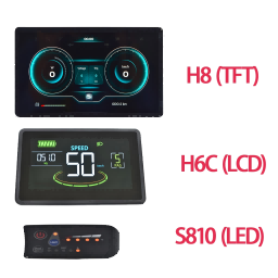 Comparison of Haytrix TFT, LCD, and LED e-bike displays showing color and brightness differences