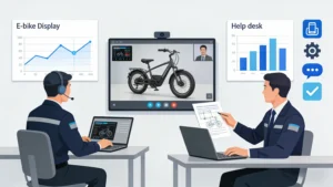 Engineers testing e-bike display screens for compatibility with controllers